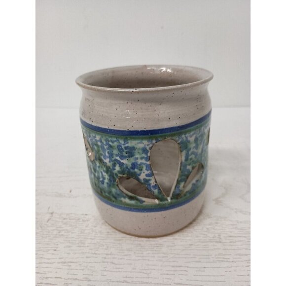 Vintage Studio Pottery Candle Holder Stoneware Blue Splatter Flower Petal Design - Picture 4 of 10